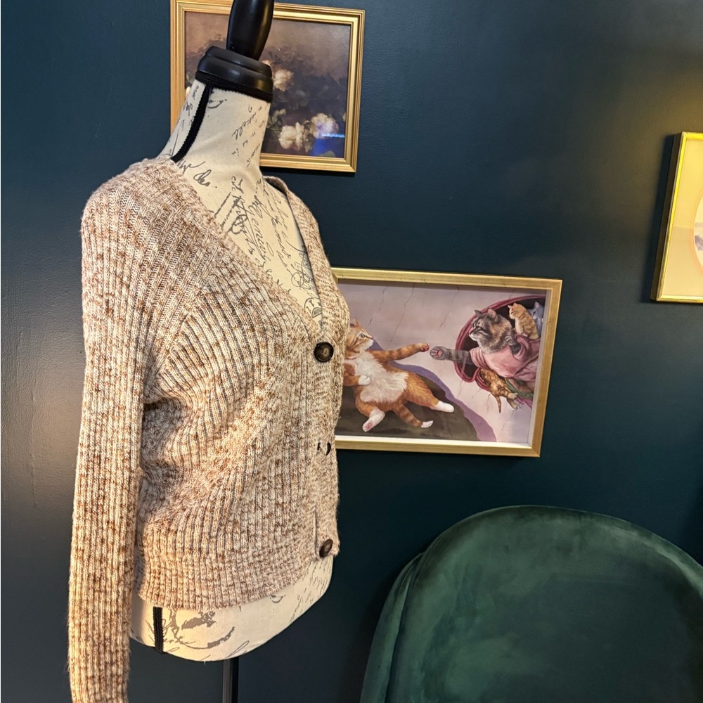 Time and Tru Ribbed Button-Up Cardigan - Cream and Brown